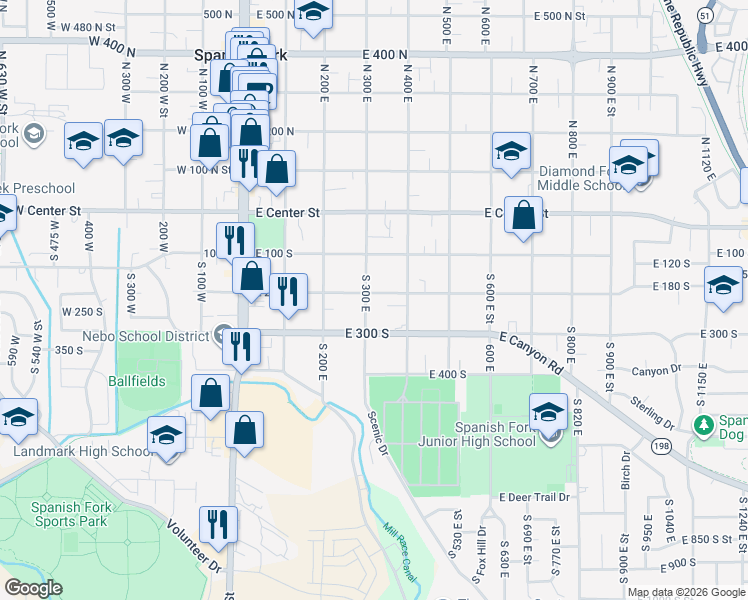 map of restaurants, bars, coffee shops, grocery stores, and more near 312 East 200 South in Spanish Fork