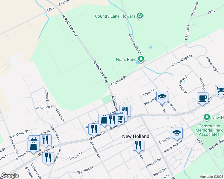 map of restaurants, bars, coffee shops, grocery stores, and more near 309 North Railroad Avenue in New Holland