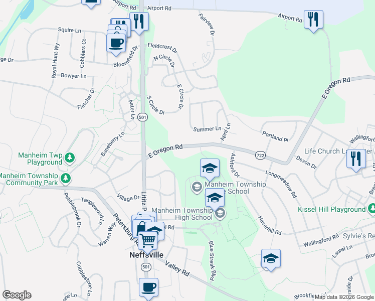 map of restaurants, bars, coffee shops, grocery stores, and more near 242 East Oregon Road in Lititz