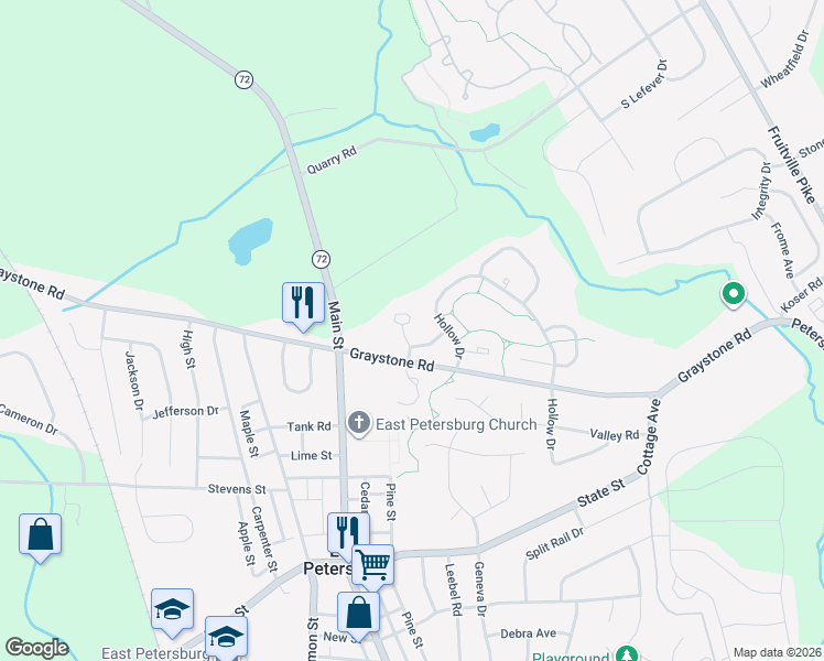 map of restaurants, bars, coffee shops, grocery stores, and more near 2405 Franklin Drive in East Petersburg