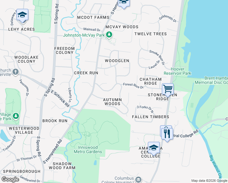 map of restaurants, bars, coffee shops, grocery stores, and more near 1049 Autumn Meadows Drive in Westerville