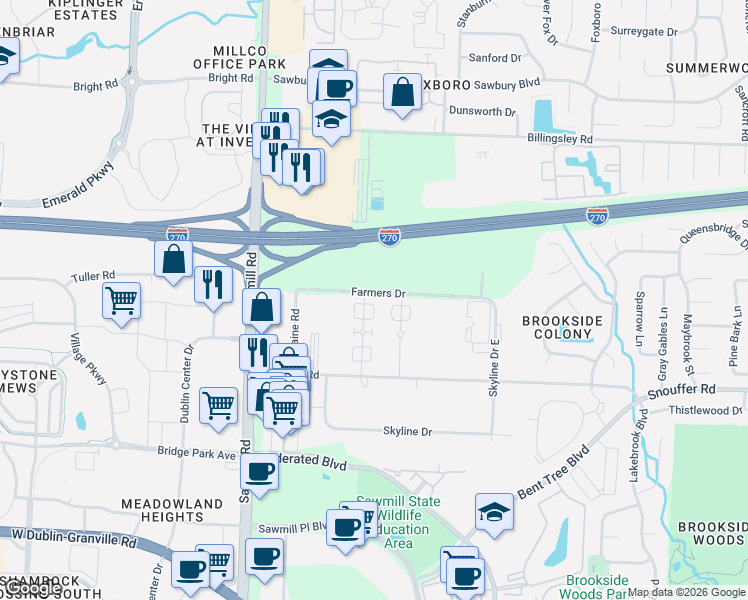 map of restaurants, bars, coffee shops, grocery stores, and more near 7417 Cimmaron Station in Columbus