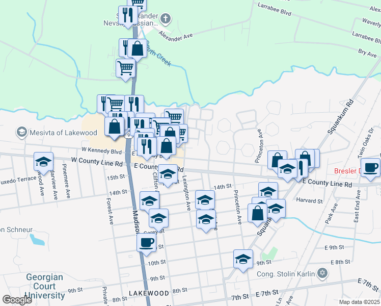 map of restaurants, bars, coffee shops, grocery stores, and more near 205 East Kennedy Boulevard in Lakewood