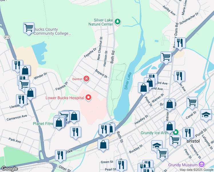 map of restaurants, bars, coffee shops, grocery stores, and more near 723 Bath Road in Bristol