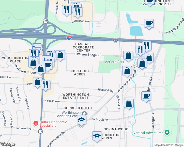 map of restaurants, bars, coffee shops, grocery stores, and more near 219 Northigh Drive in Worthington