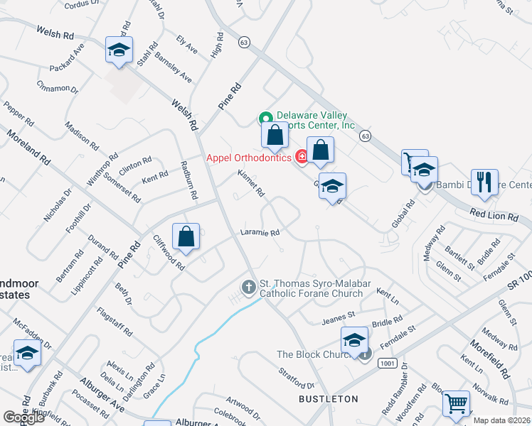 map of restaurants, bars, coffee shops, grocery stores, and more near 587 Remsen Road in Philadelphia