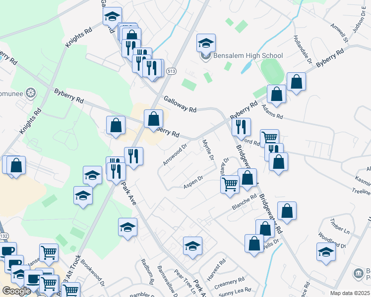 map of restaurants, bars, coffee shops, grocery stores, and more near 1005 Justin Circle in Bensalem