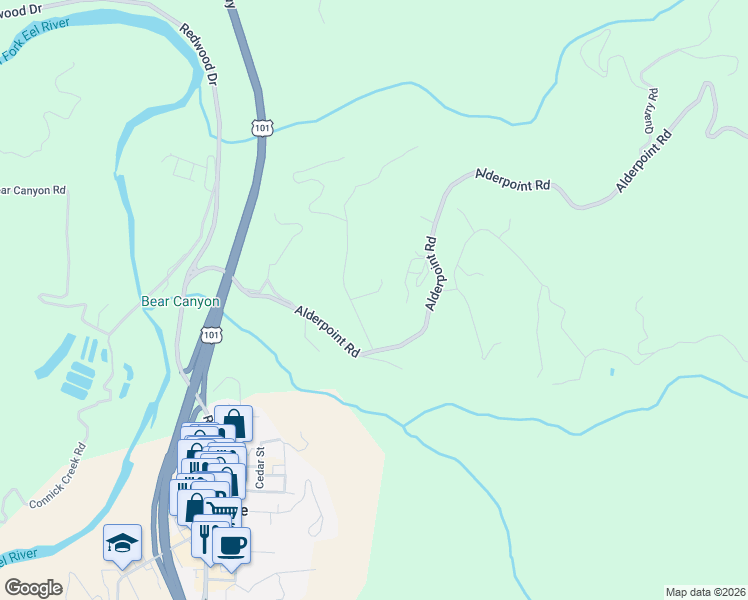map of restaurants, bars, coffee shops, grocery stores, and more near 101 Arthur Road in Garberville
