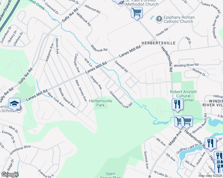 map of restaurants, bars, coffee shops, grocery stores, and more near 144 Greenwood Loop Road in Brick Township