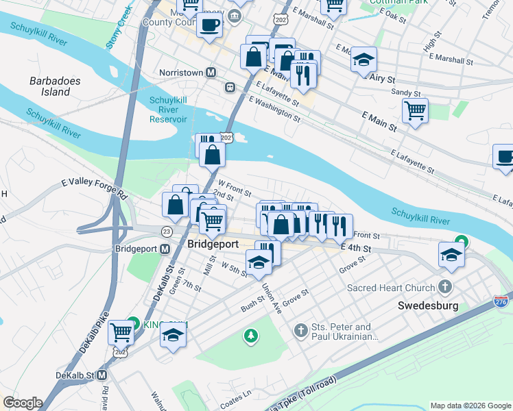 map of restaurants, bars, coffee shops, grocery stores, and more near 8 West Front Street in Bridgeport