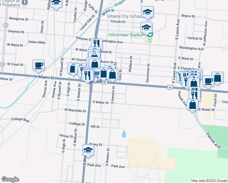 map of restaurants, bars, coffee shops, grocery stores, and more near 300 East Market Street in Urbana