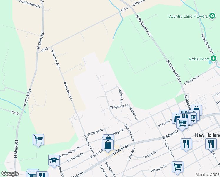 map of restaurants, bars, coffee shops, grocery stores, and more near 237 Cypress Lane in New Holland