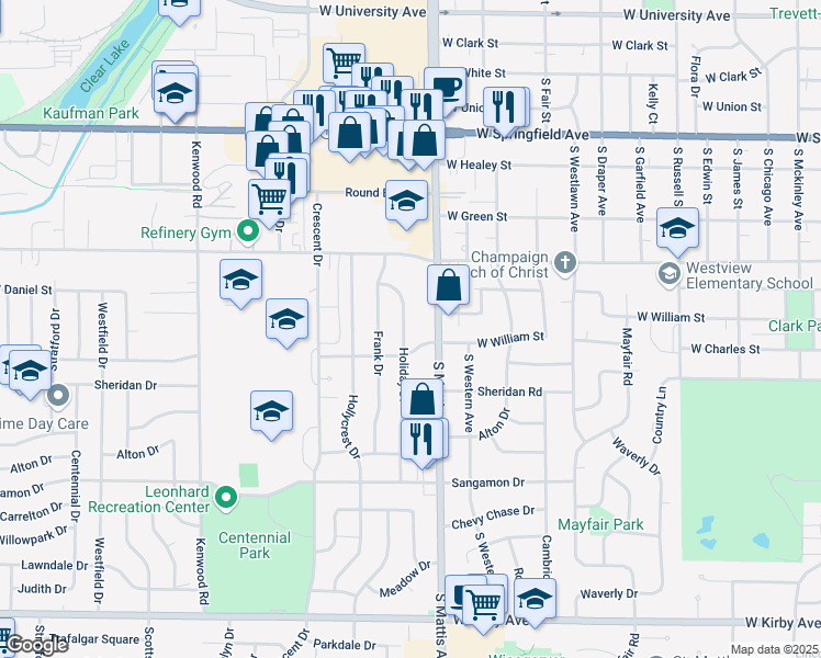 map of restaurants, bars, coffee shops, grocery stores, and more near 908 Holiday Drive in Champaign