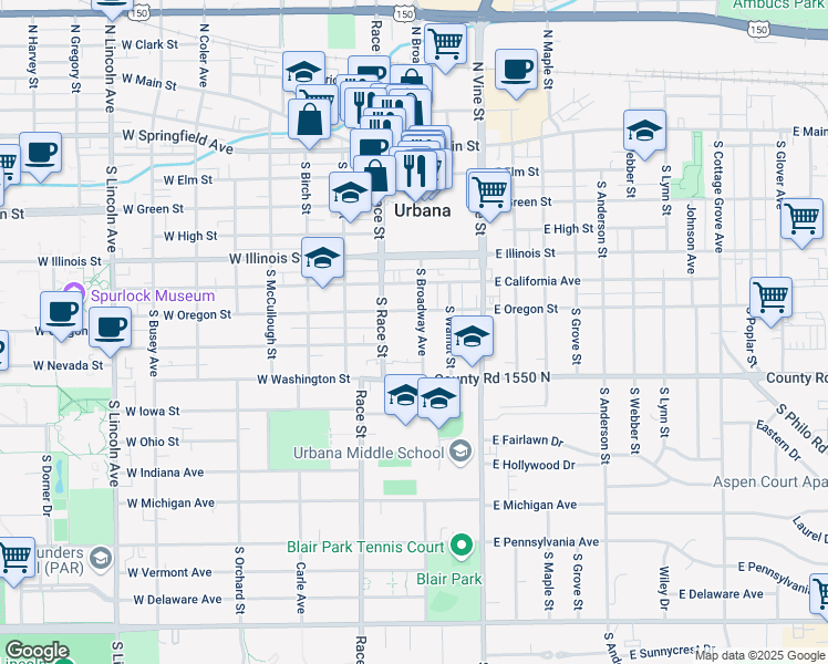 map of restaurants, bars, coffee shops, grocery stores, and more near 707 South Broadway Avenue in Urbana