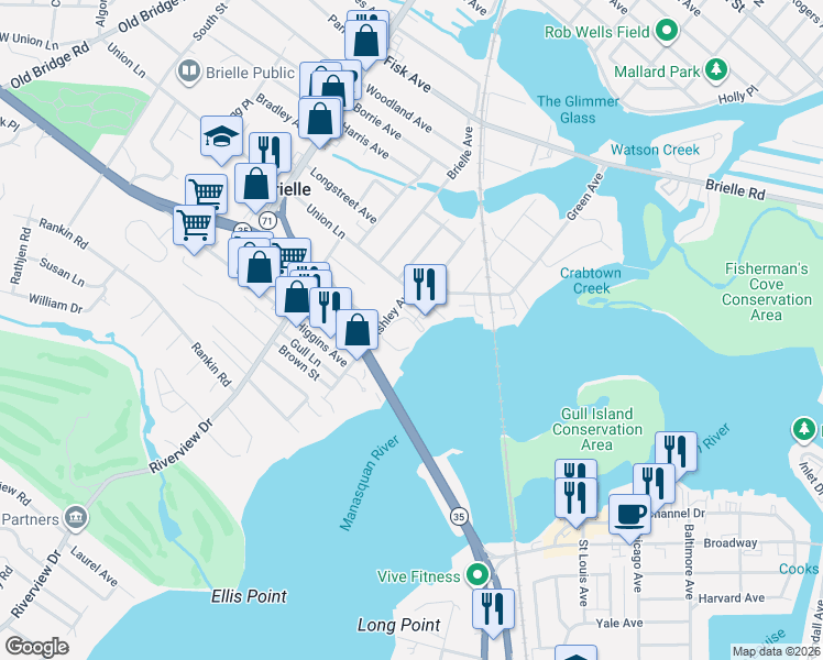 map of restaurants, bars, coffee shops, grocery stores, and more near 311 Ashley Avenue in Brielle