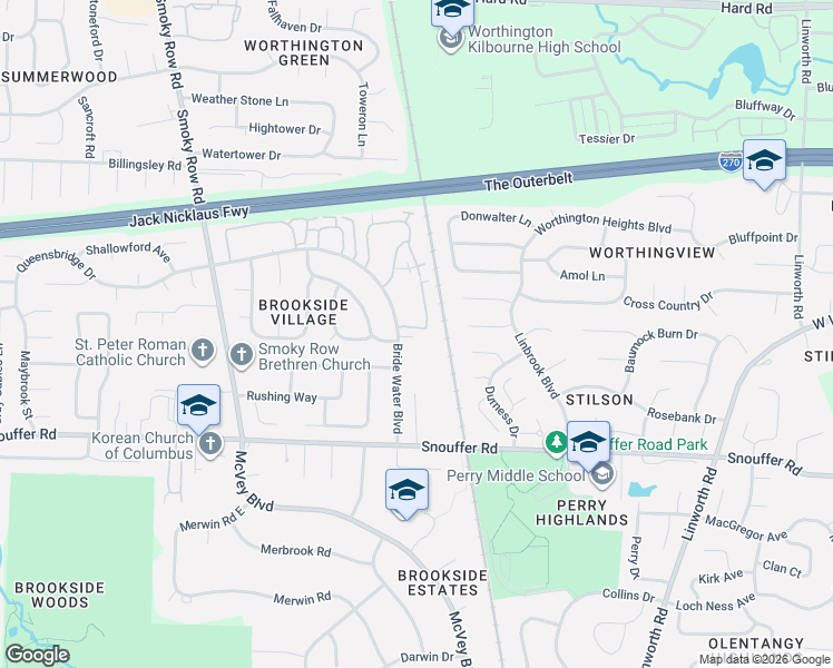 map of restaurants, bars, coffee shops, grocery stores, and more near 7295 Bride Water Boulevard in Columbus