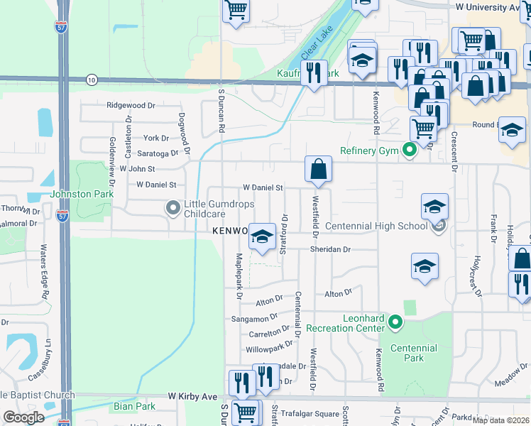 map of restaurants, bars, coffee shops, grocery stores, and more near 901 Oakcrest Drive in Champaign