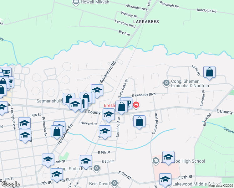 map of restaurants, bars, coffee shops, grocery stores, and more near 101 Twin Oaks Drive in Lakewood