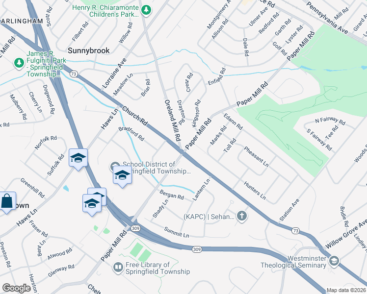 map of restaurants, bars, coffee shops, grocery stores, and more near 615 Paper Mill Road in Oreland