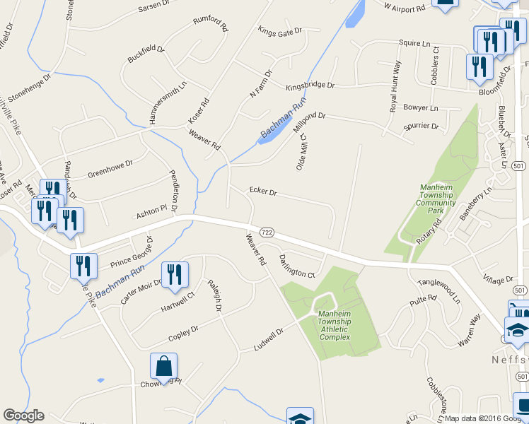 map of restaurants, bars, coffee shops, grocery stores, and more near 3011 Weaver Road in Lititz