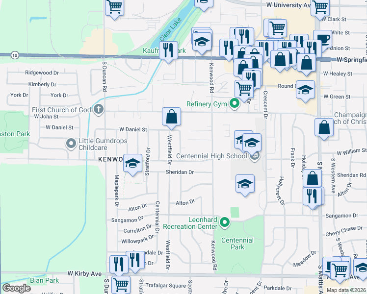 map of restaurants, bars, coffee shops, grocery stores, and more near 814 Scottsdale Dr in Champaign