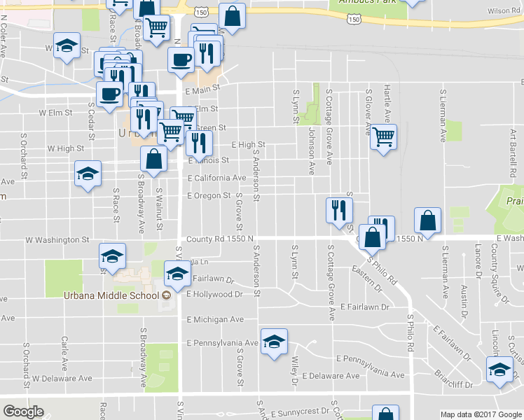 map of restaurants, bars, coffee shops, grocery stores, and more near 708 South Anderson Street in Urbana