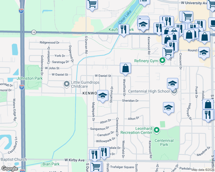 map of restaurants, bars, coffee shops, grocery stores, and more near 810 Stratford Drive in Champaign