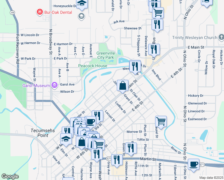 map of restaurants, bars, coffee shops, grocery stores, and more near 601 East Water Street in Greenville
