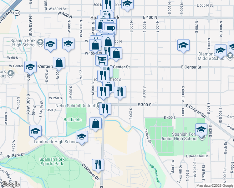 map of restaurants, bars, coffee shops, grocery stores, and more near 44 East 200 South in Spanish Fork