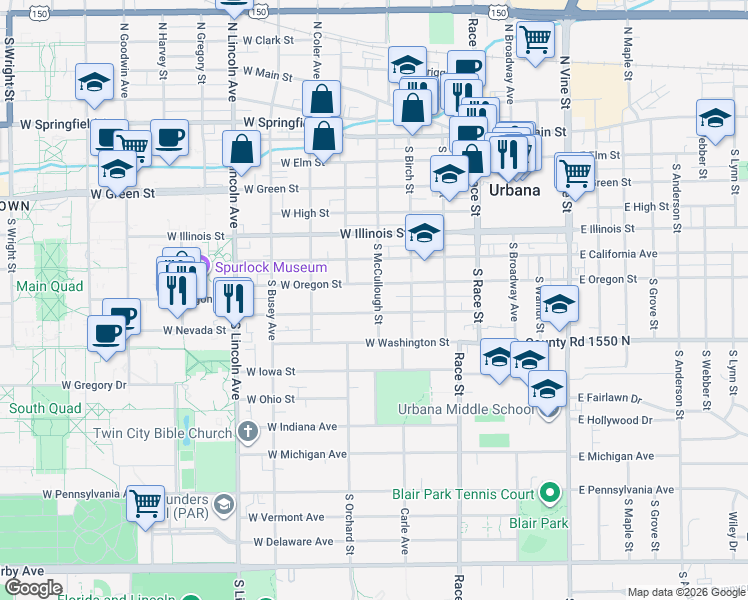 map of restaurants, bars, coffee shops, grocery stores, and more near 707 South McCullough Street in Urbana