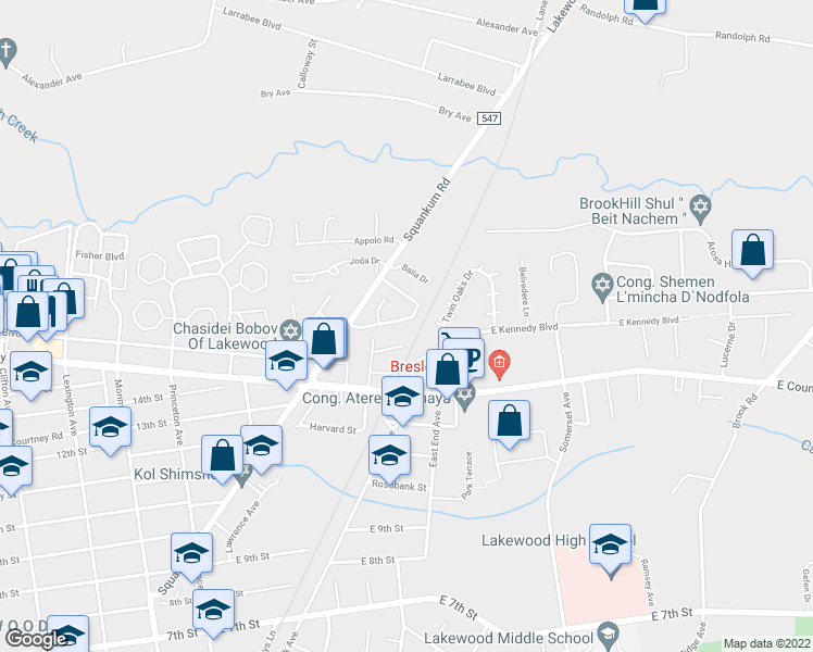 map of restaurants, bars, coffee shops, grocery stores, and more near 101 Twin Oaks Drive in Lakewood