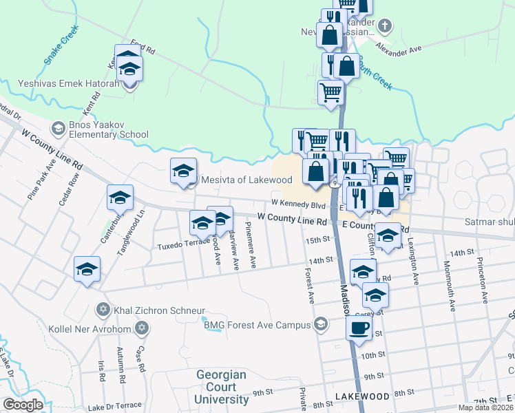 map of restaurants, bars, coffee shops, grocery stores, and more near 537 West County Line Road in Lakewood