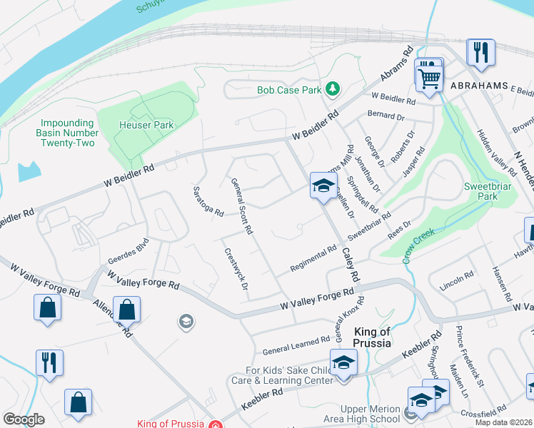 map of restaurants, bars, coffee shops, grocery stores, and more near 447 Abrams Mill Road in King of Prussia