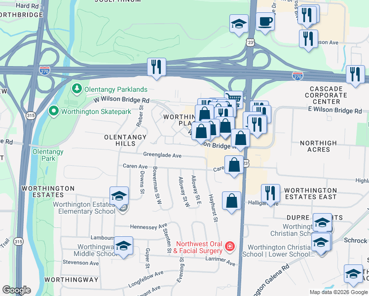 map of restaurants, bars, coffee shops, grocery stores, and more near 117 Saint Julien Street in Worthington