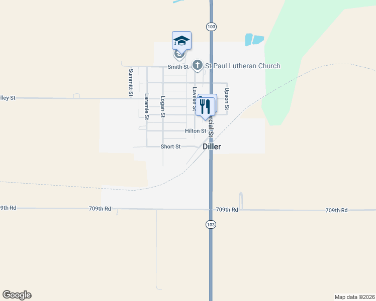 map of restaurants, bars, coffee shops, grocery stores, and more near 308 Short Street in Diller