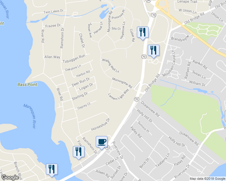 map of restaurants, bars, coffee shops, grocery stores, and more near 1507 Sawyer Avenue in Manasquan