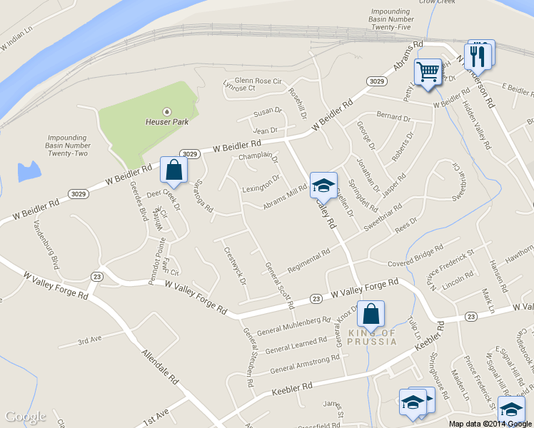 map of restaurants, bars, coffee shops, grocery stores, and more near 447 Abrams Mill Road in King of Prussia