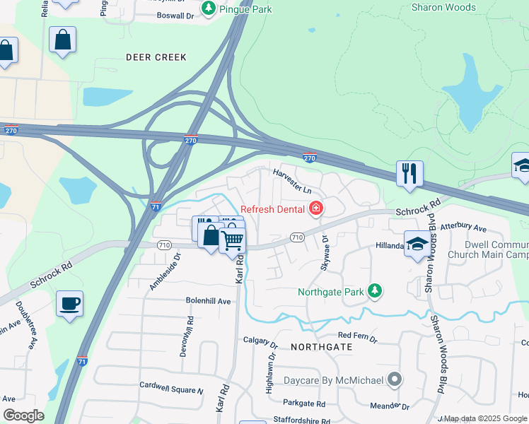 map of restaurants, bars, coffee shops, grocery stores, and more near 6832 Garden Terrace Road in Columbus