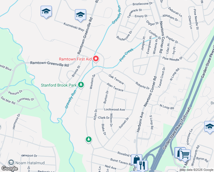 map of restaurants, bars, coffee shops, grocery stores, and more near 53 Burton Drive in Howell Township