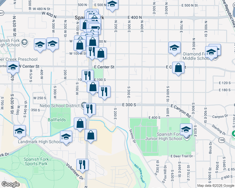 map of restaurants, bars, coffee shops, grocery stores, and more near 211 South 200 East in Spanish Fork