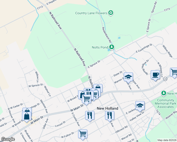 map of restaurants, bars, coffee shops, grocery stores, and more near 309 North Railroad Avenue in New Holland