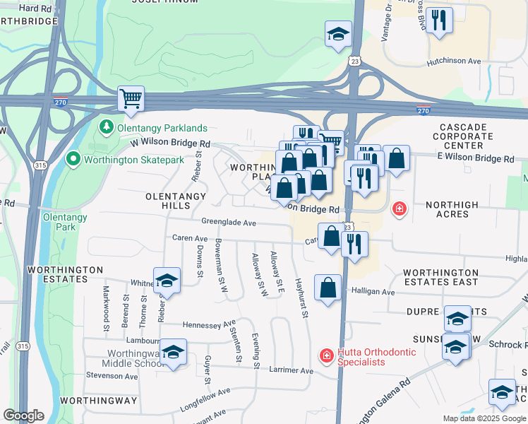 map of restaurants, bars, coffee shops, grocery stores, and more near 117 Saint Julien Street in Worthington