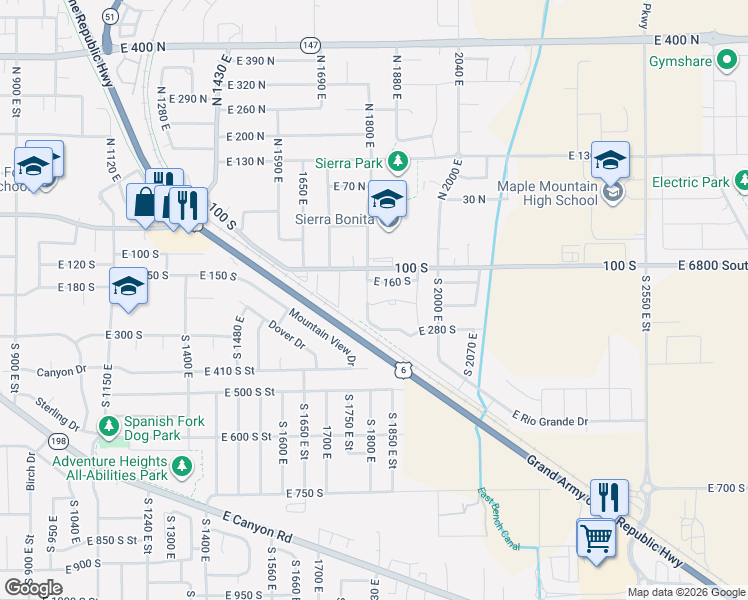 map of restaurants, bars, coffee shops, grocery stores, and more near 1821 East 230 South in Spanish Fork