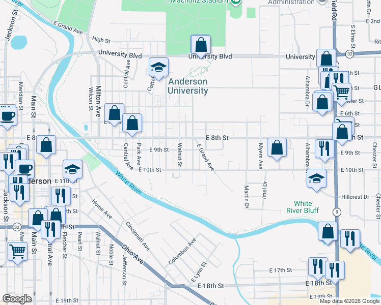 map of restaurants, bars, coffee shops, grocery stores, and more near 901 Chestnut Street in Anderson