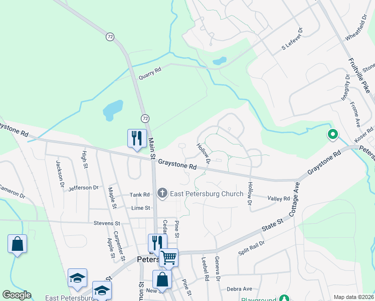 map of restaurants, bars, coffee shops, grocery stores, and more near 2405 Franklin Drive in East Petersburg