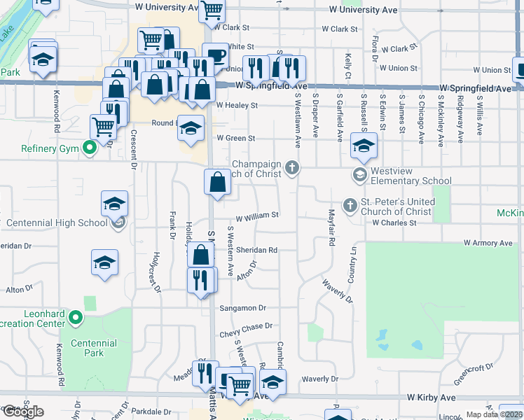 map of restaurants, bars, coffee shops, grocery stores, and more near 810 South Victor Street in Champaign