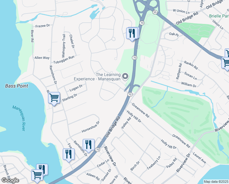 map of restaurants, bars, coffee shops, grocery stores, and more near 2624 Lantern Light Way in Manasquan