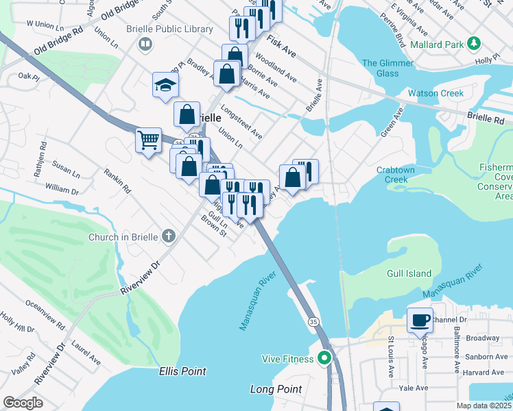map of restaurants, bars, coffee shops, grocery stores, and more near 715 Ashley Avenue in Brielle