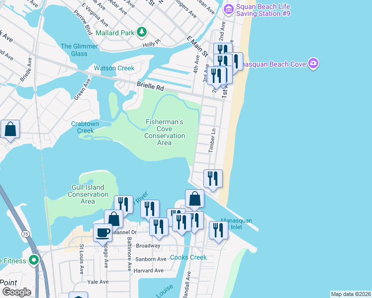 map of restaurants, bars, coffee shops, grocery stores, and more near 383 3rd Avenue in Manasquan