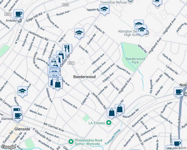 map of restaurants, bars, coffee shops, grocery stores, and more near 527 Abington Avenue in Glenside